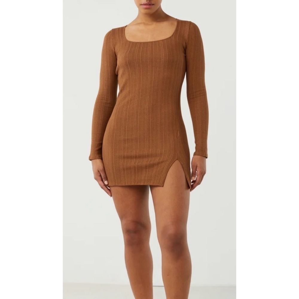 Oak + Fort Square Neck Long Sleeve Mini Dress Brown